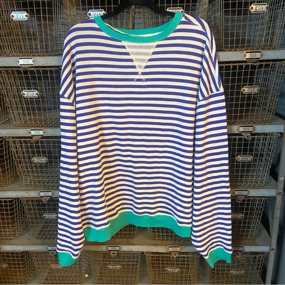 New! Free People Classic stripe pullover Blue White Sweatshirt M 2354 - Picture 2 of 10